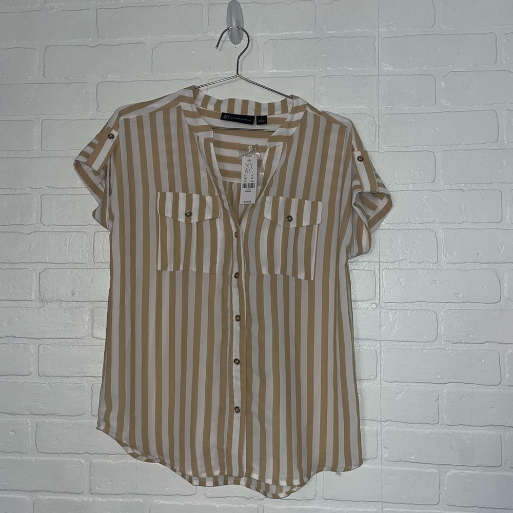 NY&Co. Womens Blouse White and Tan Stripes Lightweight Breathable Small NWT